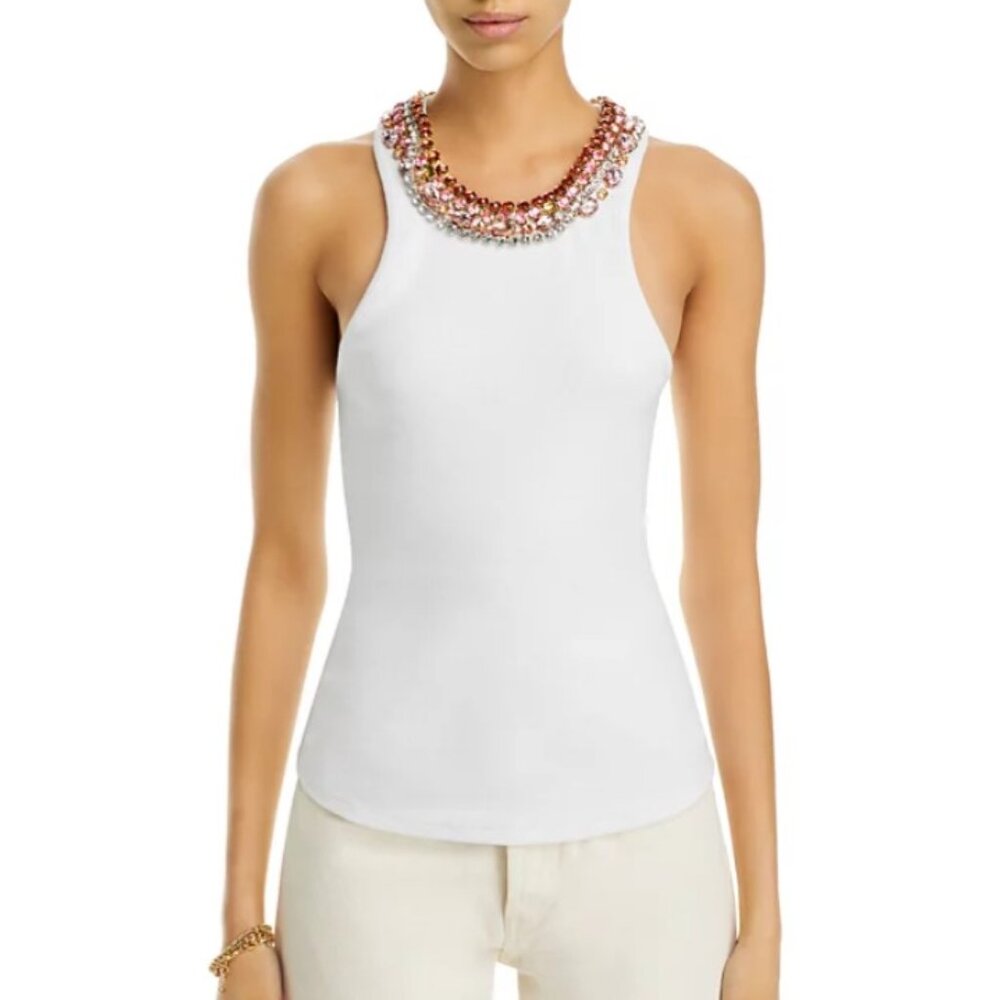 cinq a sept White Embellished Neck Tank Top